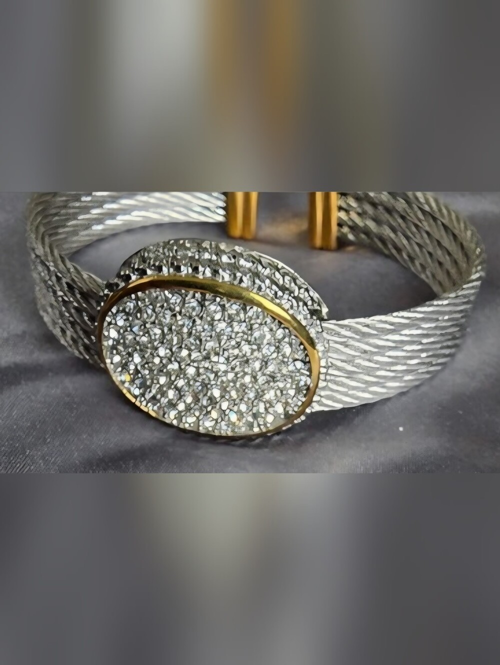 DSMK 2 Tone Pave Crystal stainless steel cable Cuff Bracelet crystal